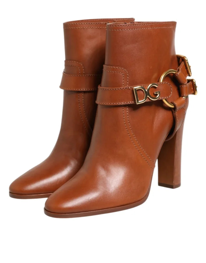 Dolce &amp; Gabbana Brown Leather DG Logo Buckle Ankle Boots Shoes