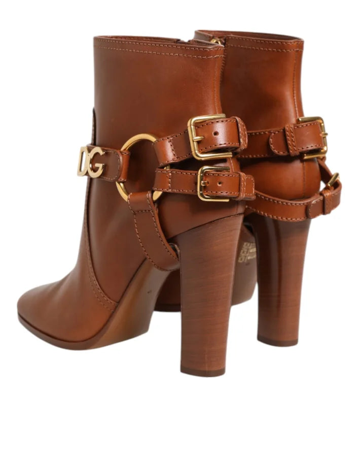 Dolce &amp; Gabbana Brown Leather DG Logo Buckle Ankle Boots Shoes