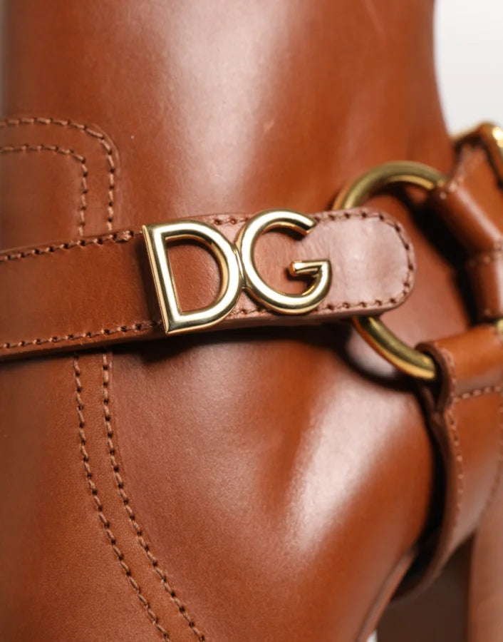 Dolce &amp; Gabbana Brown Leather DG Logo Buckle Ankle Boots Shoes