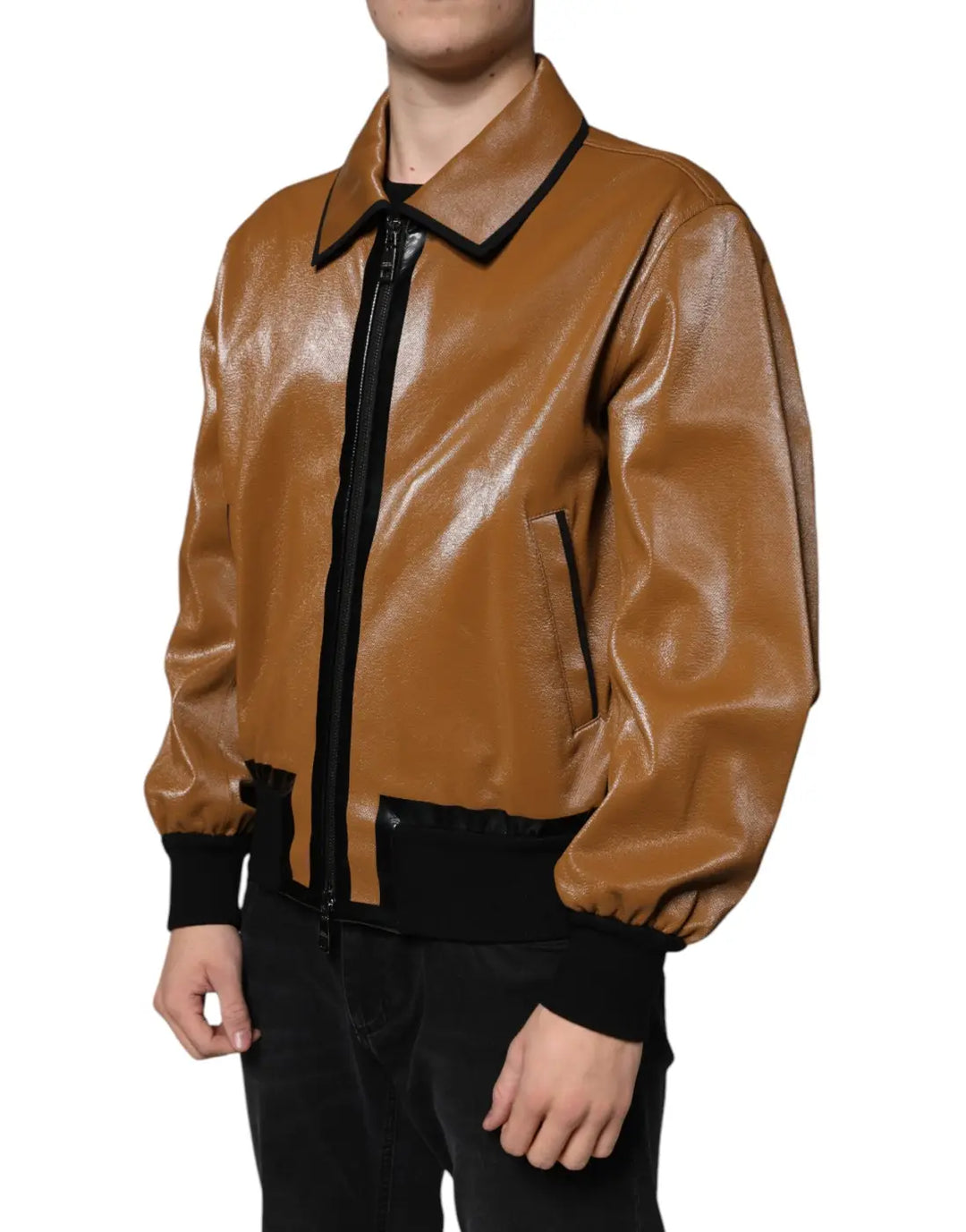Dolce &amp; Gabbana Brown Leather Full Zip Men Bomber Jacket