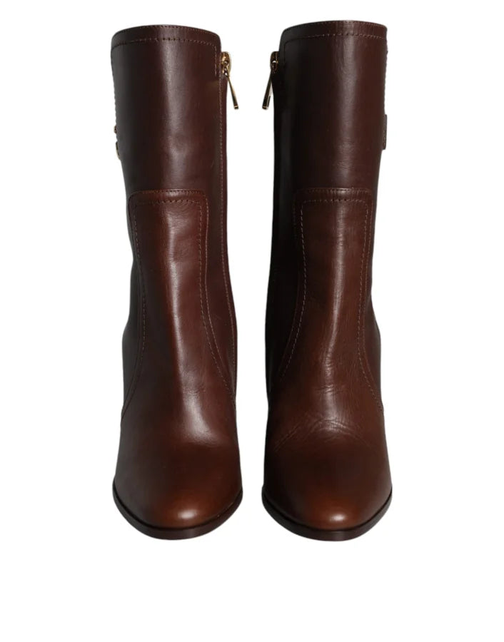 Dolce &amp; Gabbana Brown Leather Heels Mid Calf Boots Shoes
