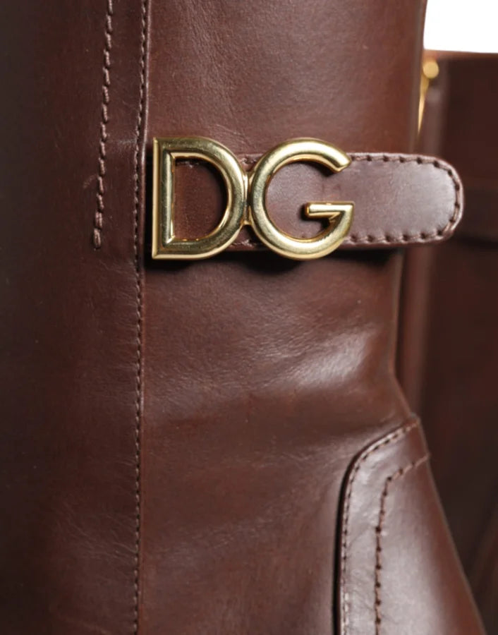 Dolce &amp; Gabbana Brown Leather Heels Mid Calf Boots Shoes