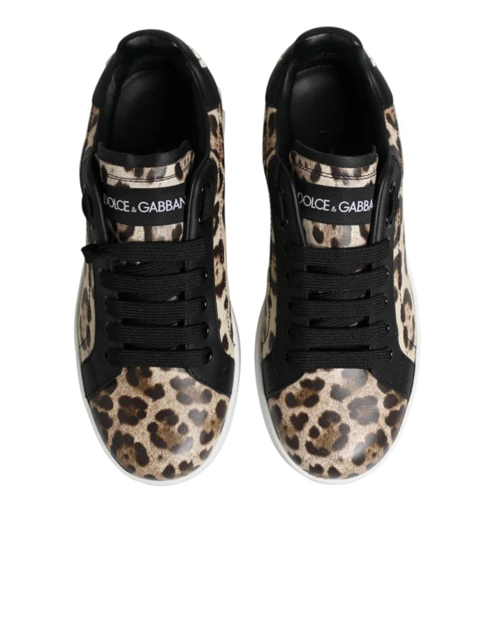 Dolce &amp; Gabbana Brown Leather Leopard Low Top Sneakers Shoes