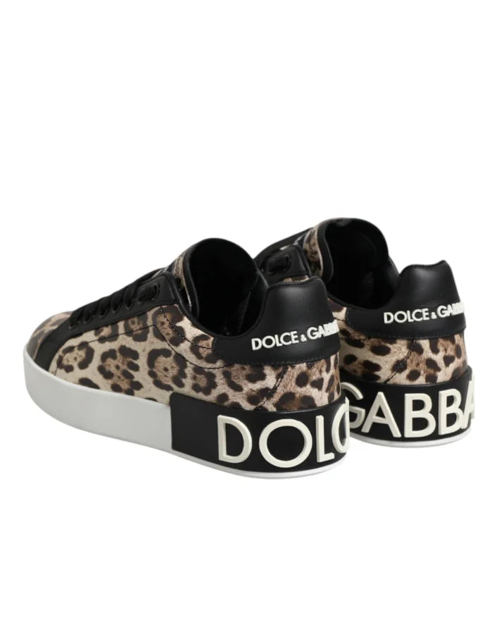 Dolce &amp; Gabbana Brown Leather Leopard Low Top Sneakers Shoes