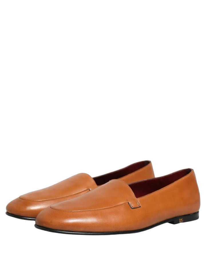 Dolce &amp; Gabbana Brown Leather Logo Slip On Men Loafers Shoes