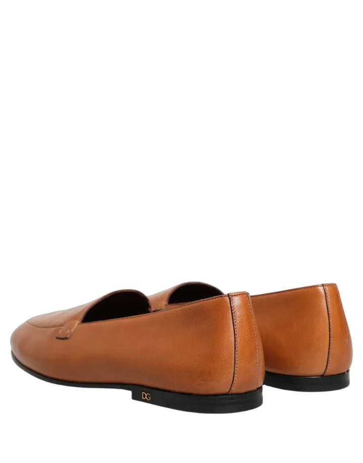Dolce &amp; Gabbana Brown Leather Logo Slip On Men Loafers Shoes