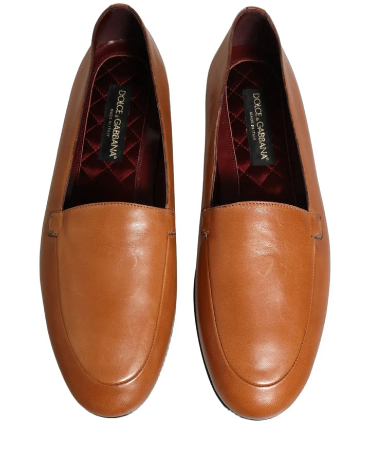 Dolce &amp; Gabbana Brown Leather Logo Slip On Men Loafers Shoes