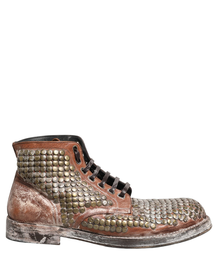 Dolce &amp; Gabbana Brown Leather Runway Studs Ankle Boots Shoes