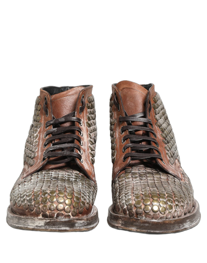 Dolce &amp; Gabbana Brown Leather Runway Studs Ankle Boots Shoes
