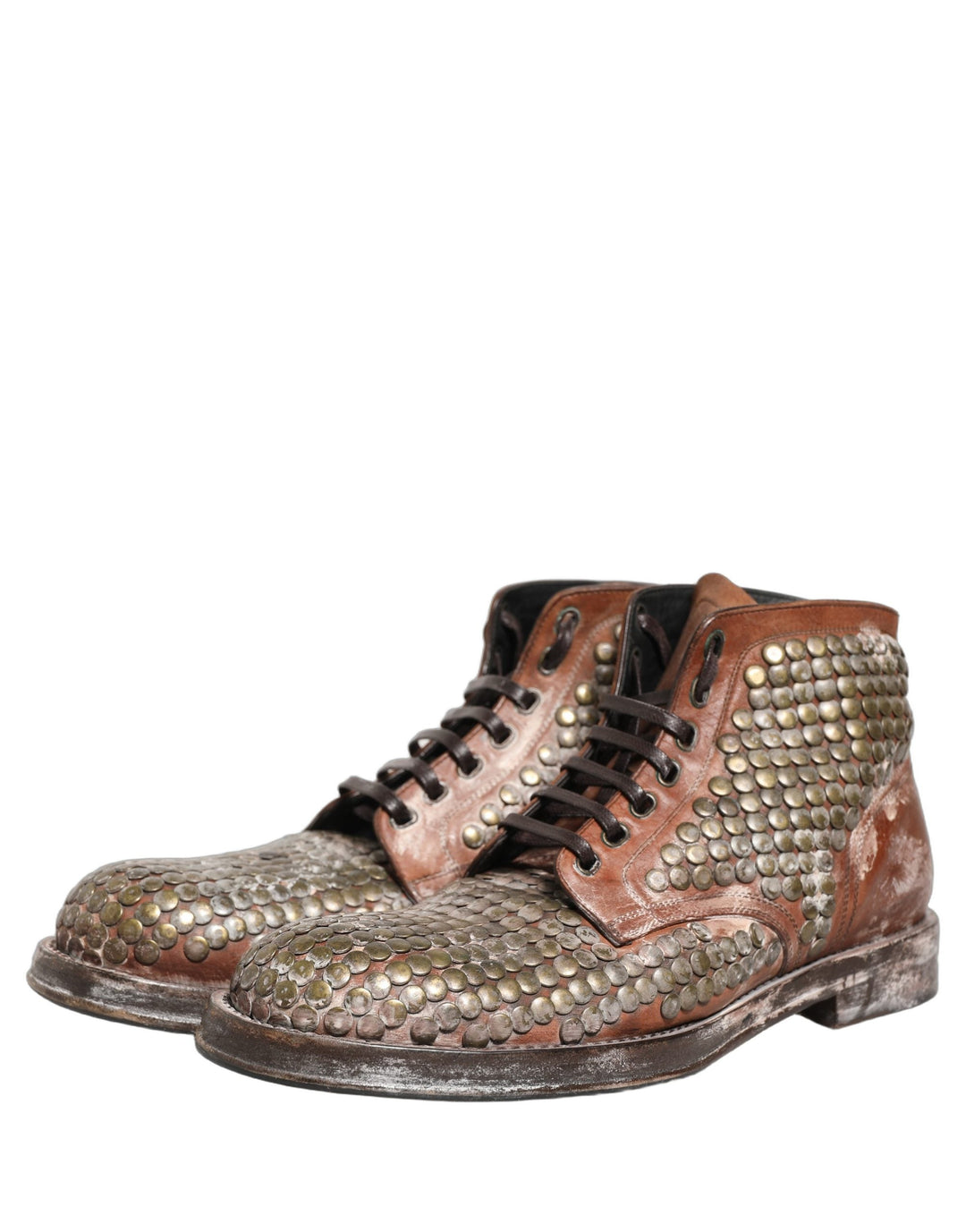 Dolce &amp; Gabbana Brown Leather Runway Studs Ankle Boots Shoes