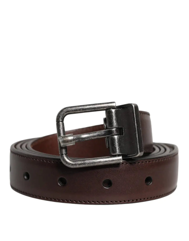 Dolce &amp; Gabbana Brown Leather Silver Metal Buckle Belt