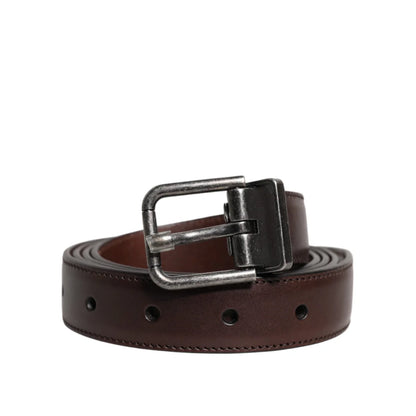 Dolce & Gabbana Brown Leather Silver Metal Buckle Belt