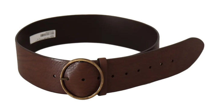 Dolce &amp; Gabbana Brown Leather Wide Waist Logo Metal Round Buckle Belt