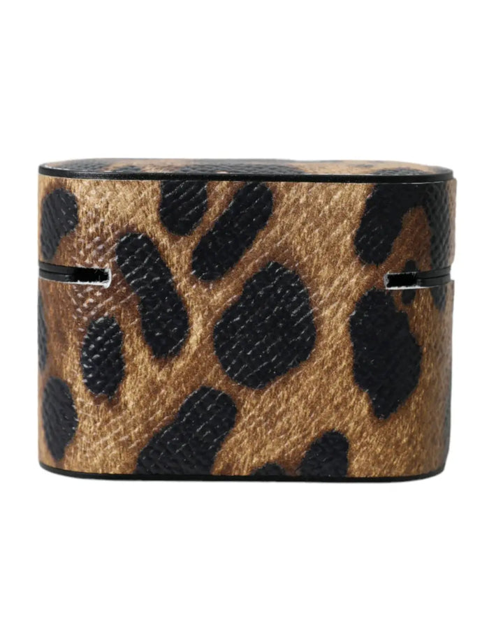 Dolce &amp; Gabbana Brown Leopard Calf Leather Metal Logo Plaque Airpods Case