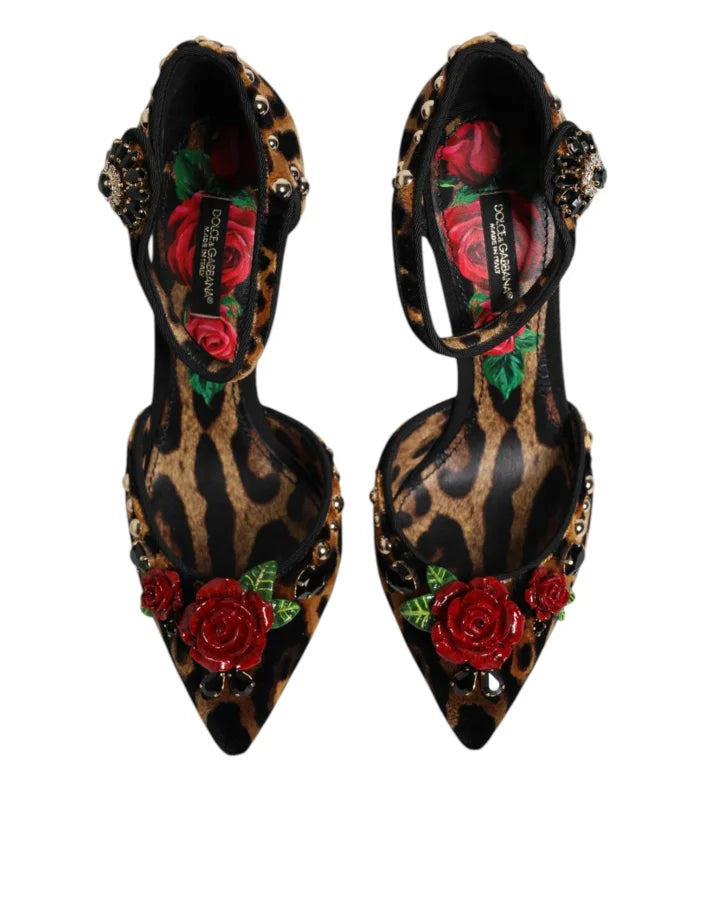 Dolce &amp; Gabbana Brown Leopard Crystal Roses Pumps Shoes