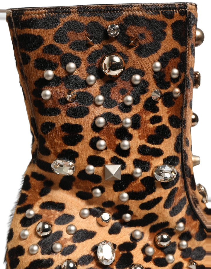 Dolce &amp; Gabbana Brown Leopard Embellished Mid Calf Men Boots Shoes