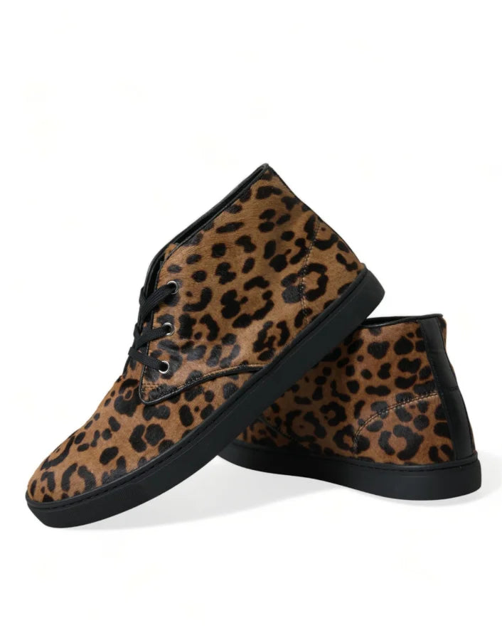 Dolce &amp; Gabbana Brown Leopard Pony Hair Leather Sneakers Shoes
