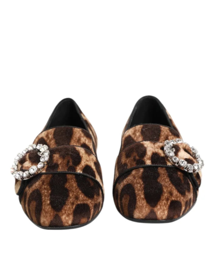 Dolce &amp; Gabbana Brown Leopard Print Crystals Loafers Flats Shoes