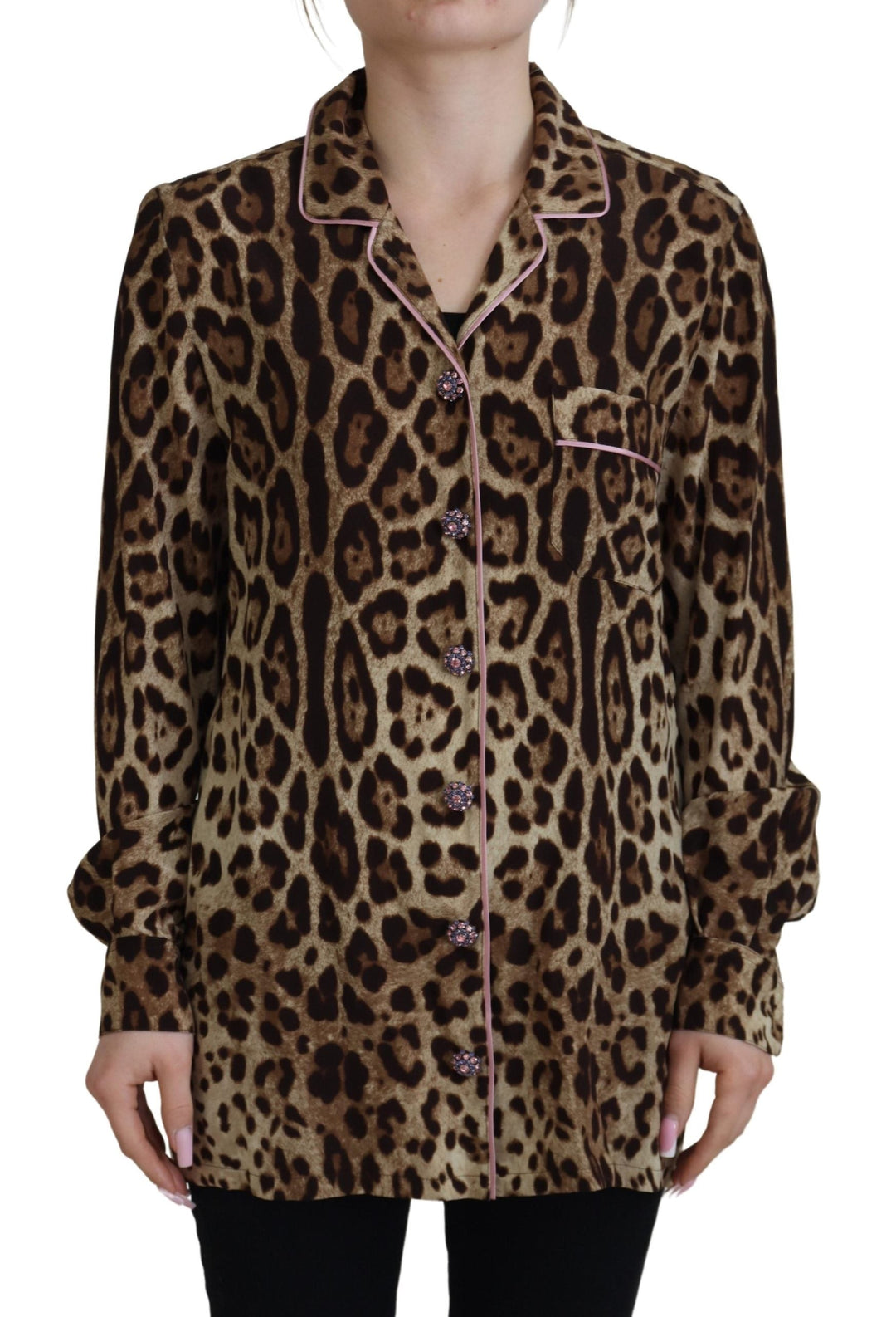 Dolce &amp; Gabbana - Brown Leopard Print Long Sleeves Blouse Top