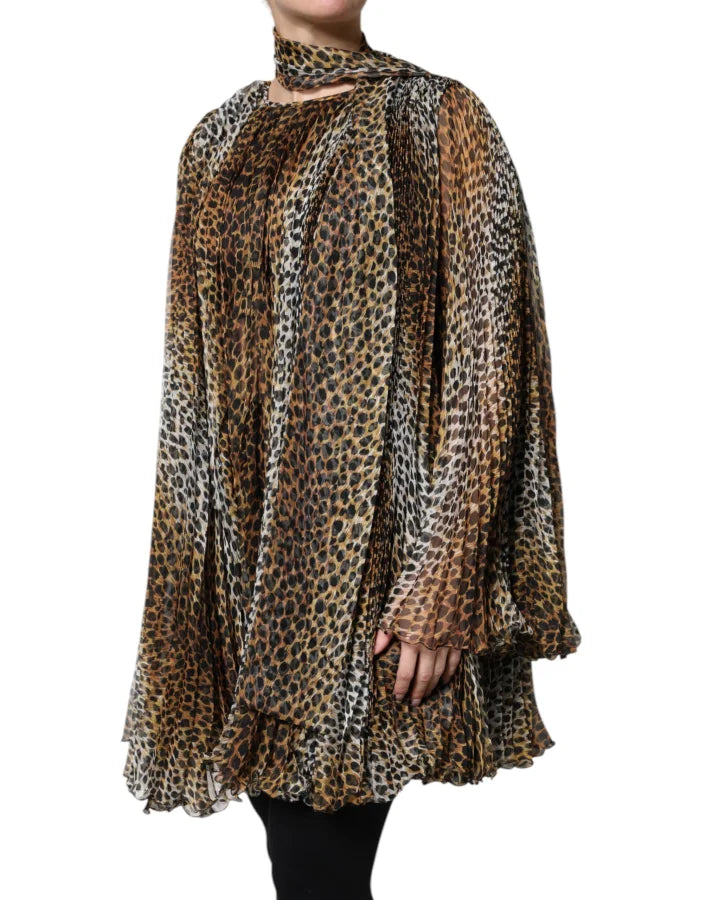 Dolce &amp; Gabbana Brown Leopard Print Scarf Collared Chiffon Dress