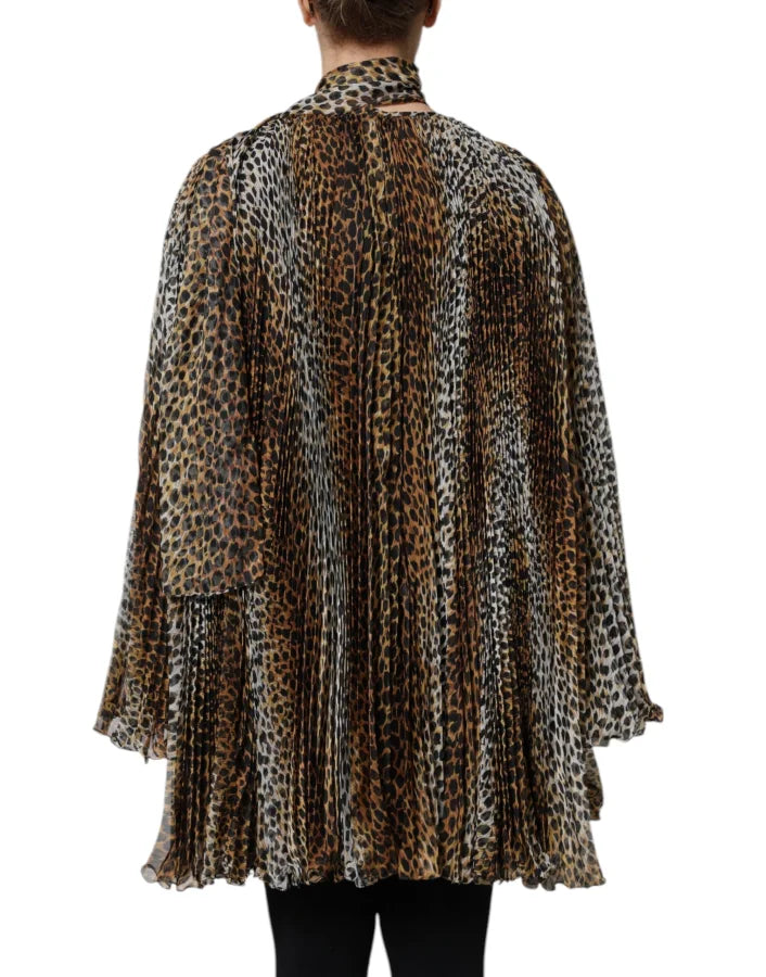 Dolce &amp; Gabbana Brown Leopard Print Scarf Collared Chiffon Dress
