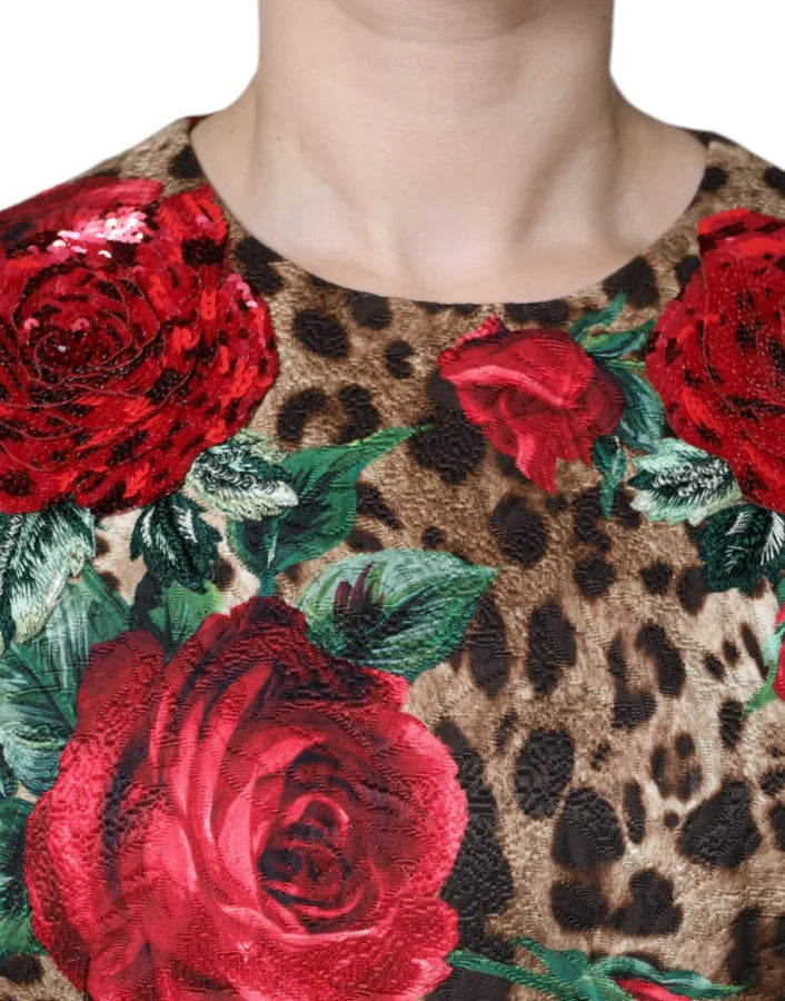 Dolce &amp; Gabbana Brown Leopard Red Roses Cotton A-line Dress