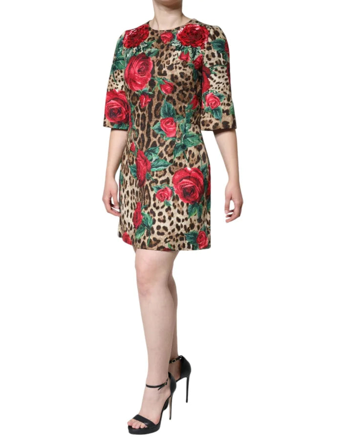 Dolce &amp; Gabbana Brown Leopard Red Roses Cotton A-line Dress