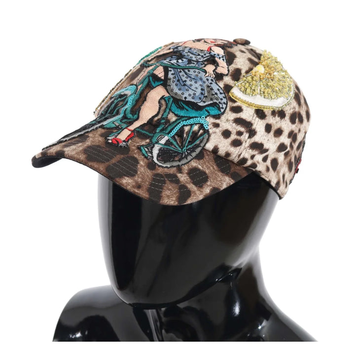 Dolce & Gabbana Brown Leopard Sequin Sicily Applique Baseball Hat