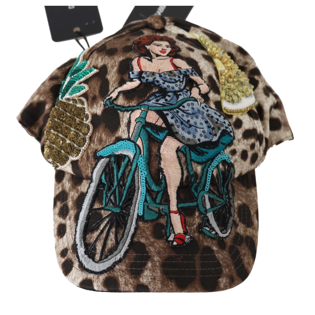 Dolce & Gabbana Brown Leopard Sequin Sicily Applique Baseball Hat