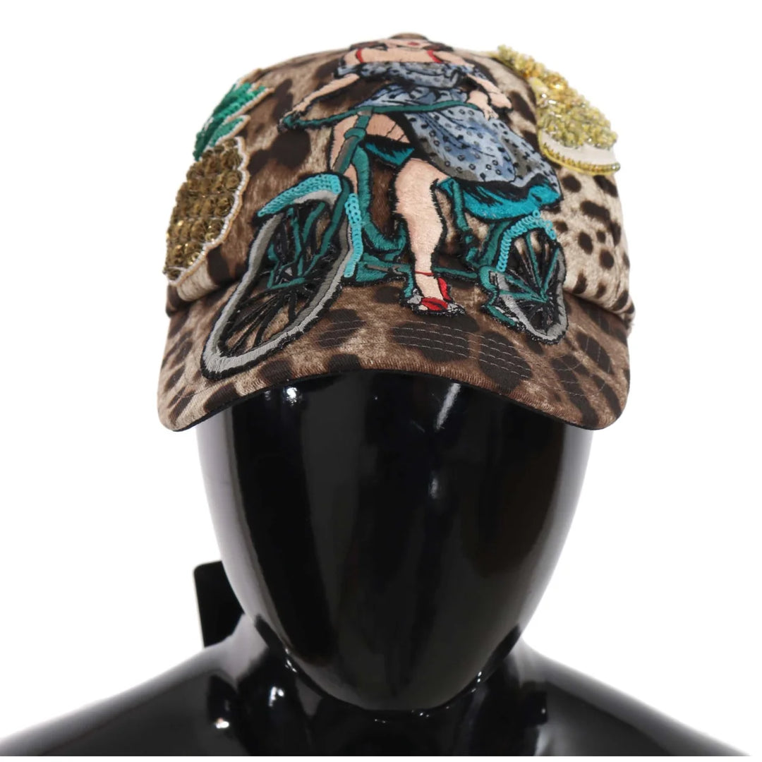 Dolce & Gabbana Brown Leopard Sequin Sicily Applique Baseball Hat