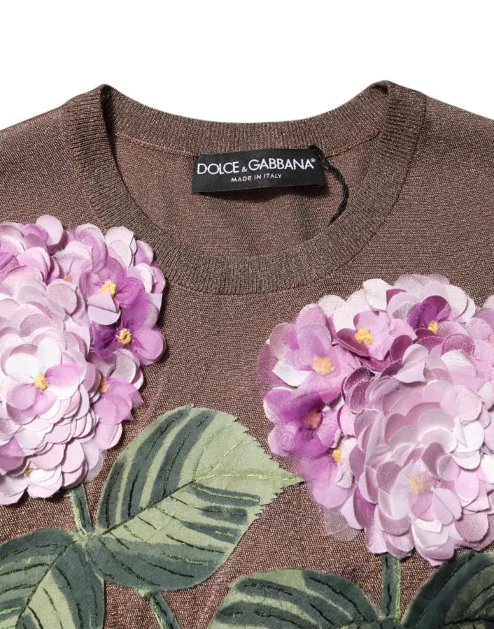 Dolce &amp; Gabbana Brown Lily Embellished Round Neck Blouse Top