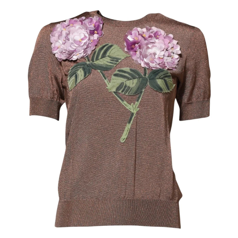 Dolce &amp; Gabbana Brown Lily Embellished Round Neck Blouse Top