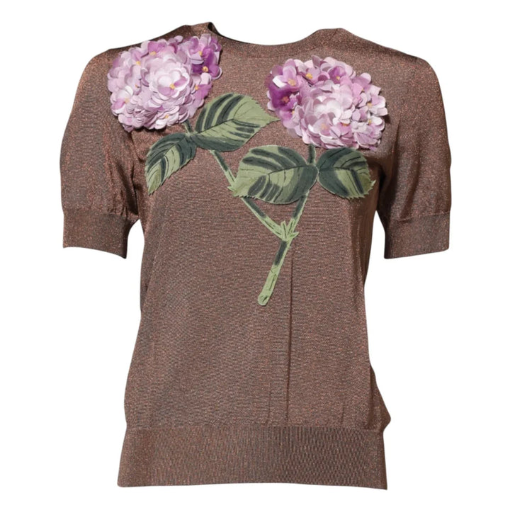 Dolce &amp; Gabbana Brown Lily Embellished Round Neck Blouse Top
