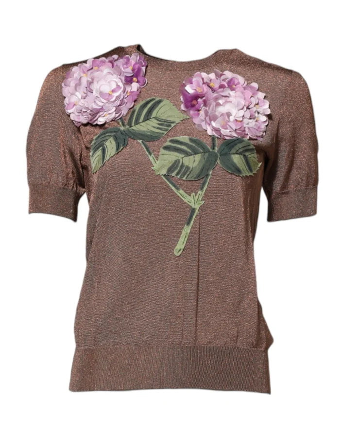 Dolce &amp; Gabbana Brown Lily Embellished Round Neck Blouse Top