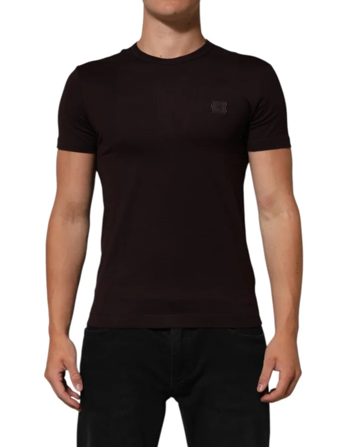 Dolce &amp; Gabbana Brown Logo Plaque Cotton Crew Neck T-shirt