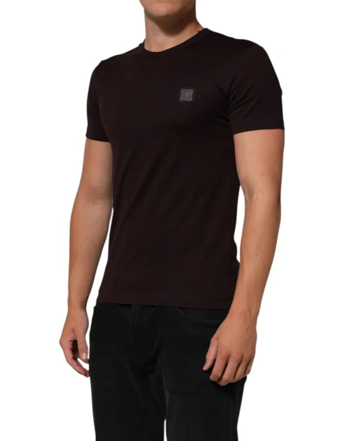 Dolce &amp; Gabbana Brown Logo Plaque Cotton Crew Neck T-shirt