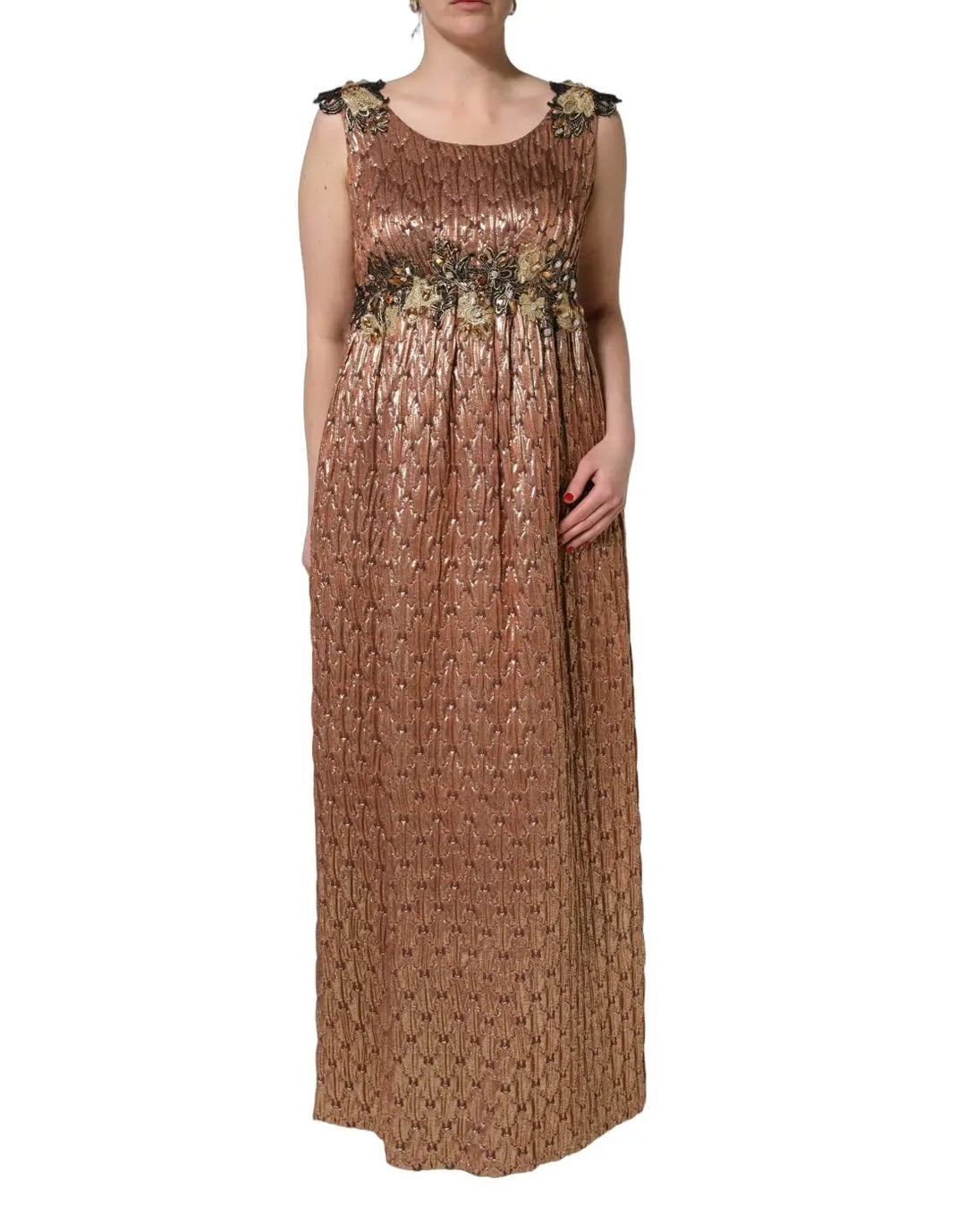 Dolce &amp; Gabbana Brown Metallic Crystal Evening Gown Dress
