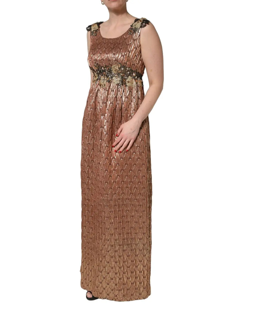 Dolce &amp; Gabbana Brown Metallic Crystal Evening Gown Dress