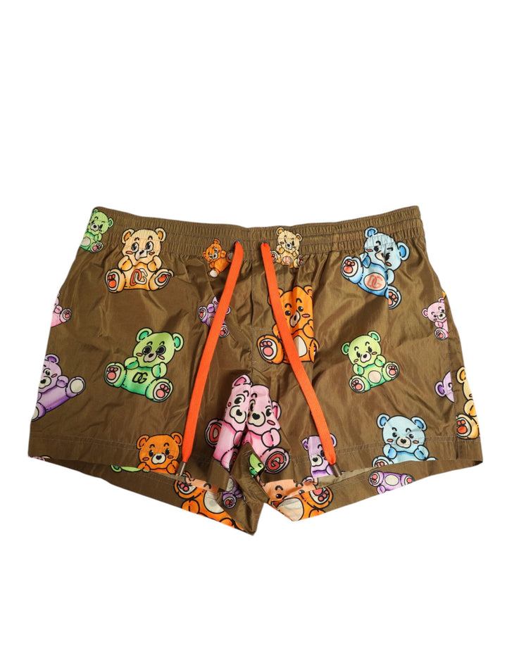 Dolce &amp; Gabbana Brown Multicolor Teddy Bear Men Shorts Swimwear