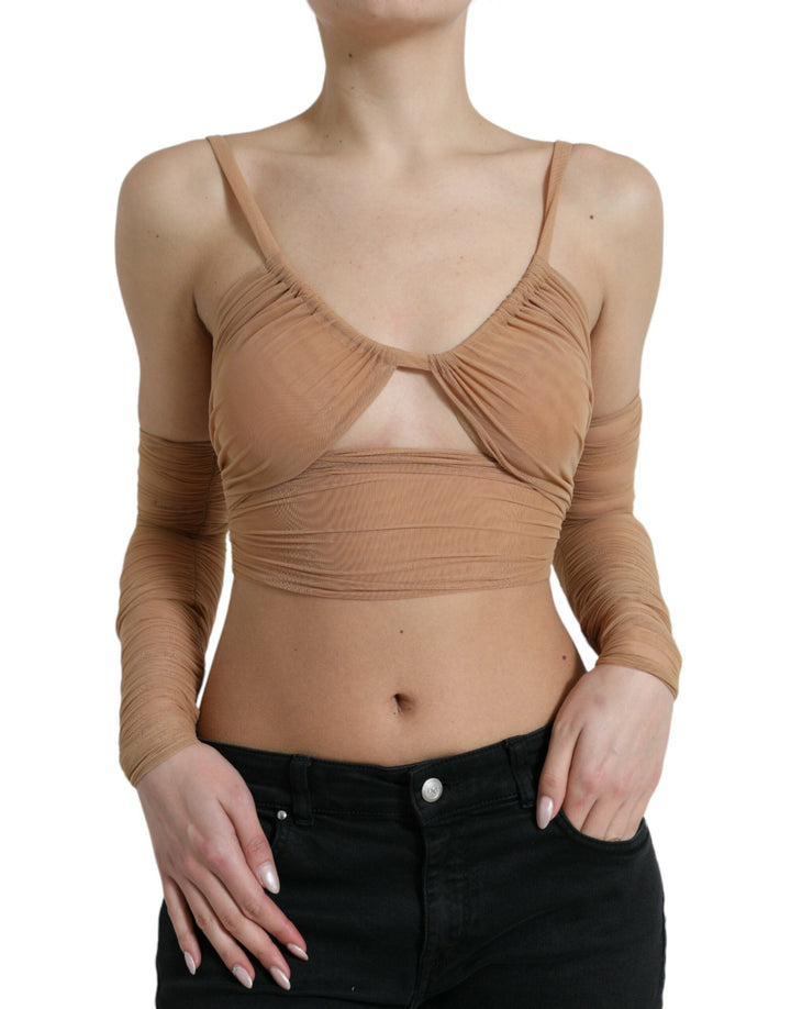 Dolce &amp; Gabbana - Brown Nylon Stretch Open Shoulder Cropped Top