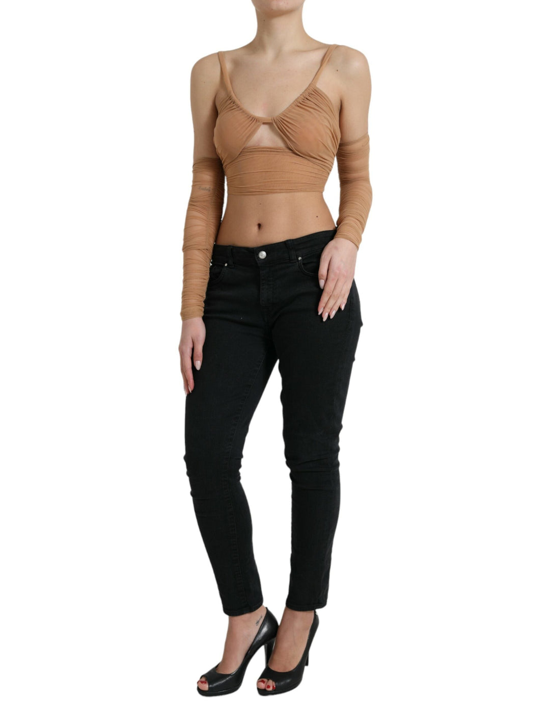 Dolce &amp; Gabbana - Brown Nylon Stretch Open Shoulder Cropped Top