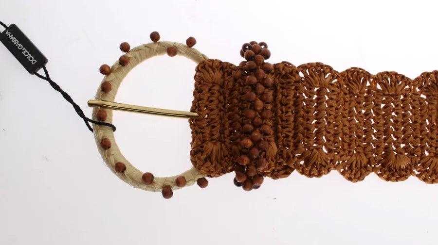 Dolce &amp; Gabbana Brown Raffia Wood Beaded Wide Waist Belt