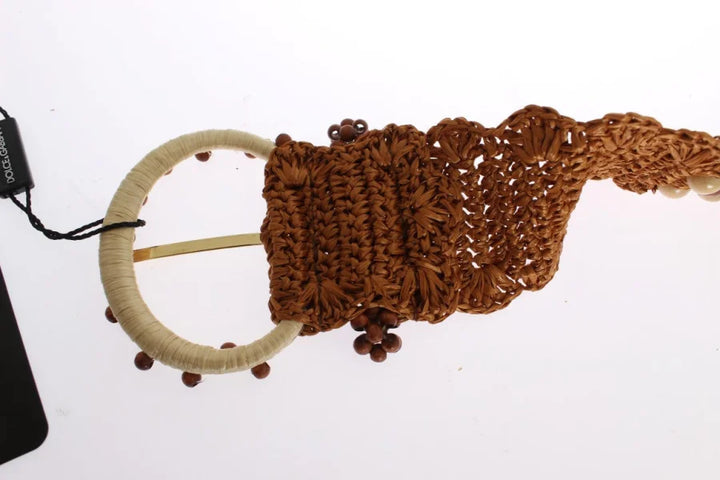 Dolce &amp; Gabbana Brown Raffia Wood Beaded Wide Waist Belt