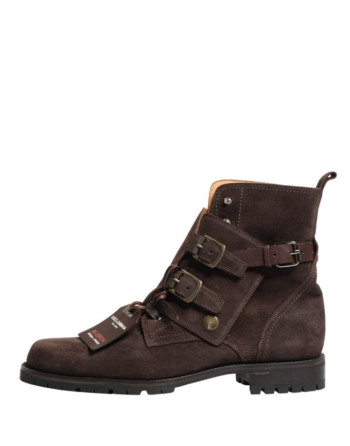 Dolce &amp; Gabbana Brown Suede Leather Buckle Ankle Boots Shoes