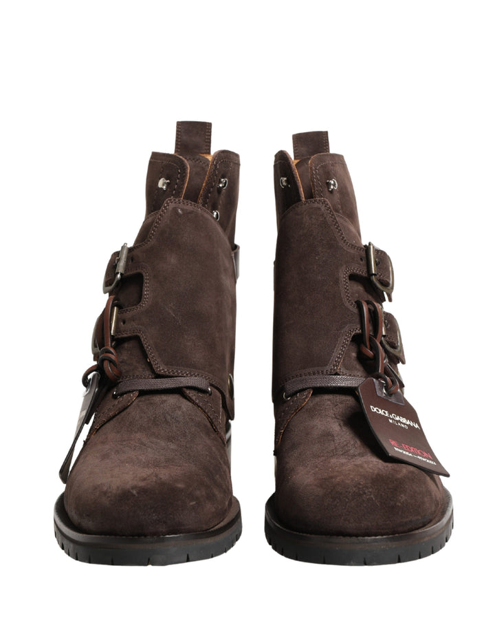 Dolce &amp; Gabbana Brown Suede Leather Buckle Ankle Boots Shoes