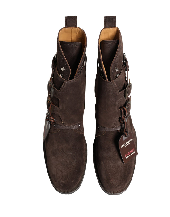 Dolce &amp; Gabbana Brown Suede Leather Buckle Ankle Boots Shoes