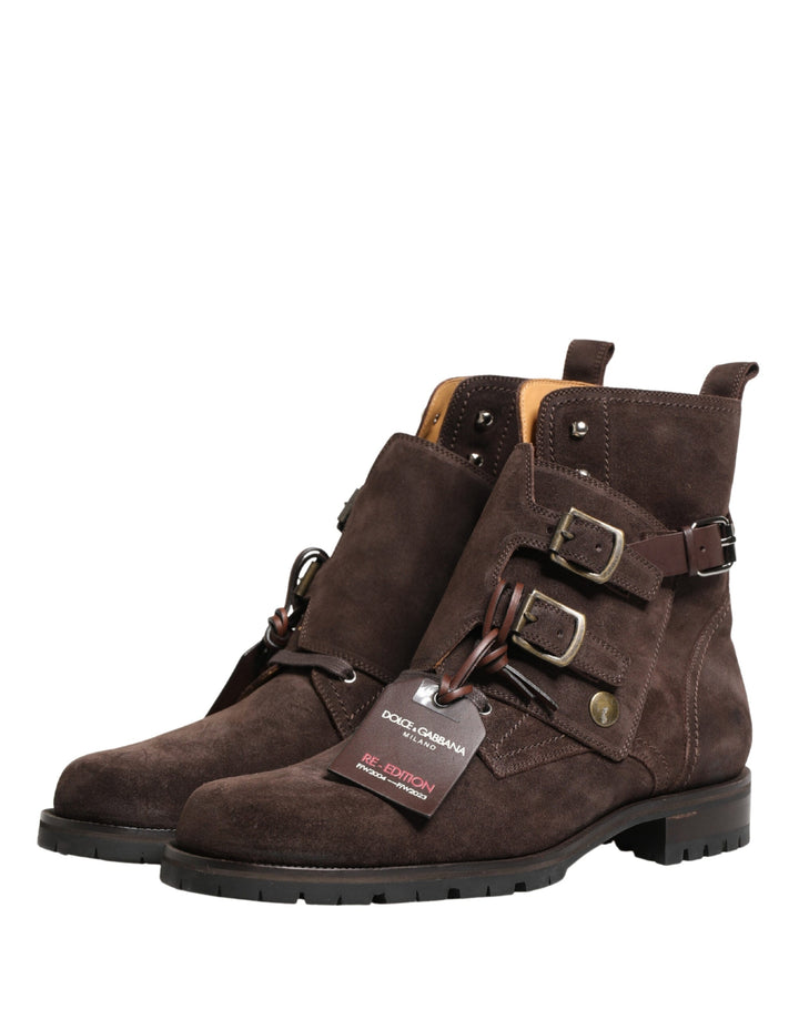 Dolce &amp; Gabbana Brown Suede Leather Buckle Ankle Boots Shoes