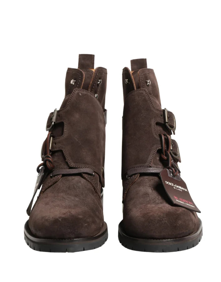 Dolce &amp; Gabbana Brown Suede Leather Buckle Ankle Boots Shoes
