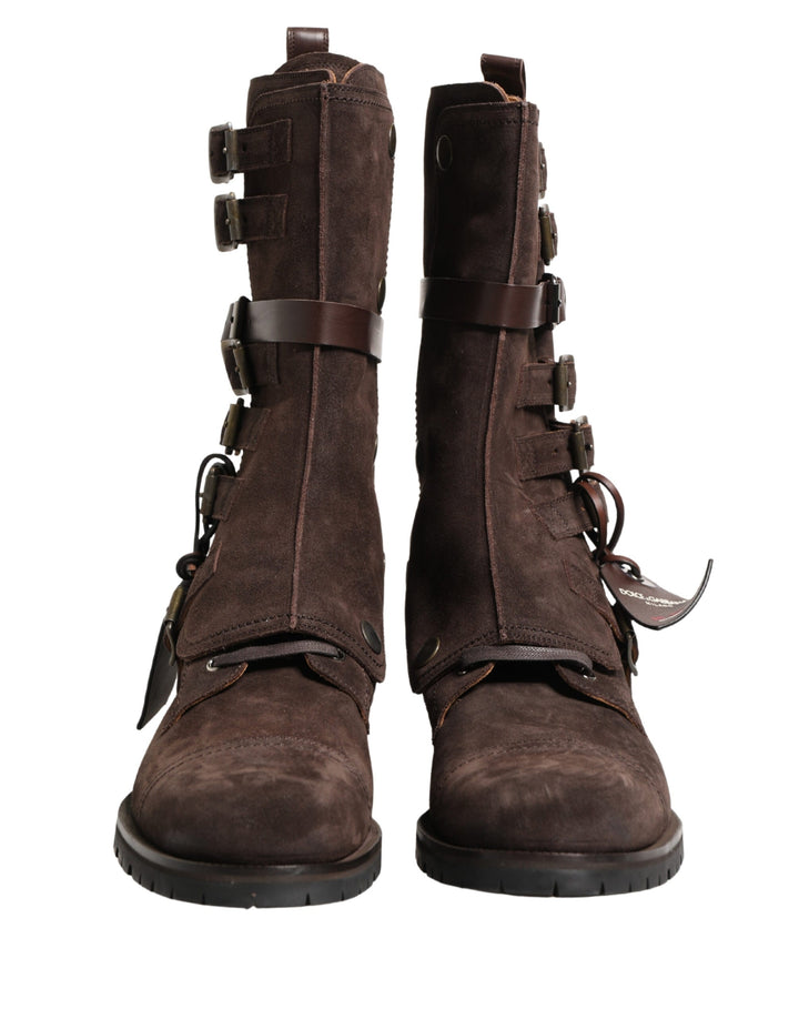 Dolce &amp; Gabbana Brown Suede Leather Combat Ankle Boots Shoes