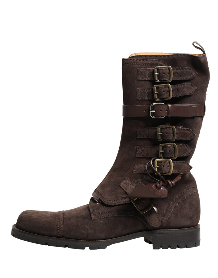 Dolce &amp; Gabbana Brown Suede Leather Combat Ankle Boots Shoes